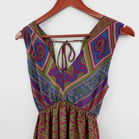 Lovin India Boho Dress XS Purple Paisley Tiered Plunged Hi-Low Midi Festival - Picture 14 of 15